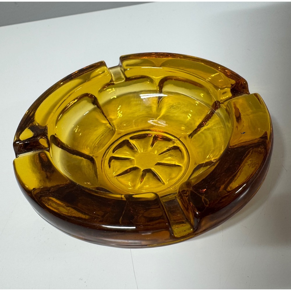 Vintage Amber Glass Ashtray Mid Century Modern Sunburst Scalloped Round Gold